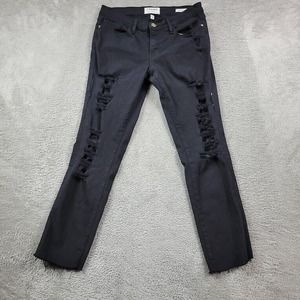 Frame Denim Black Noir Cotton Blend Distressed Le Skinny De Jeanne Jeans Size 28